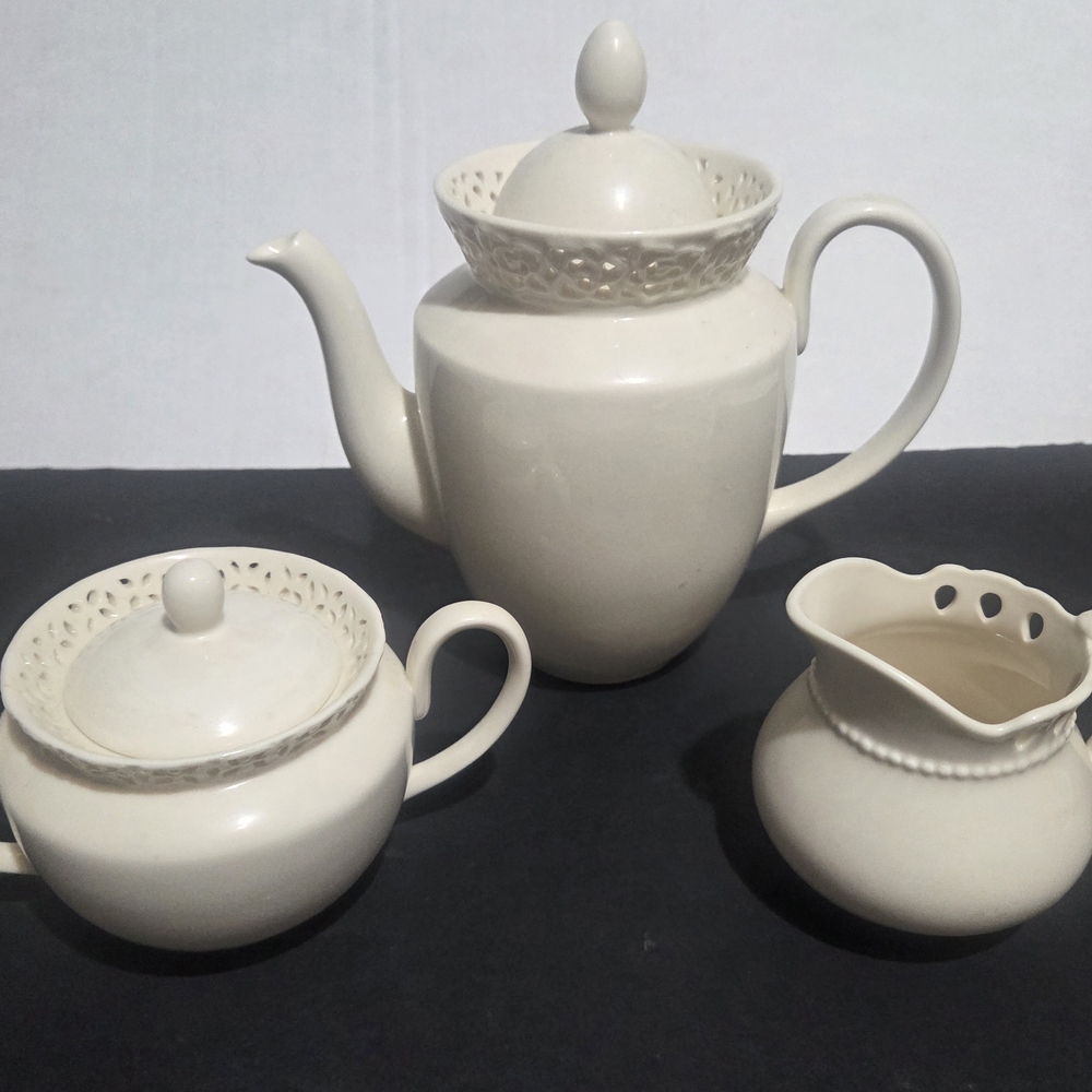 Cream Ceramic Tea Set with Teapot, Sugar Bowl & Creamer